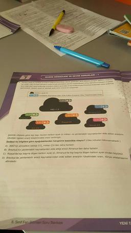 TEST
MADDE DONGÜLERI VE ÇEVRE SORUNLARI-1
4. Karbon ayak izi; küresel ammanm baphica sorumlusu olarak gösterien, sera etkisine yol açan gazlanın oluşumu
na neden olan ve fosil yakıtlanın kullanımıyla atmosfere yayılan karbondioksit (CO) saliniminin bireyin ve şirket-
le doğrudan veya kullandığı ürünlerin Oretimi açısından enerji kullanımıyla Donya'ya bıraktıklan zarar anlamına
gelmektedir. Karbon ayak izi, ekolojik ayak izinin Onemli bir bileşenidir.
33.5%
Brezilyal 4
Karbon ayak izi
Yenilebilir Kaynaklarından Elde Edilen Enerjinin Ülke Tüketimindeki Orani
9.9%
Çin 2.8
ABD 11.5
5.4%
5.9% -
Rusya 6.8
11:70-90
8. Sınıf Fen Bilimleri Soru Bankası
Almanya 6.0
9.3% -
Dünya 3.6
A
Şekilde ülkelere göre kişi başı ölçülen karbon ayak izi miktarı ve yenilenebilir kaynaklardan elde edilen enerjinin
ülkedeki toplam enerji tüketimindeki oranı verilmiştir.
Sadece bu bilgilere göre aşağıdakilerden hangisine kesinlikle ulaşılır? (Ülke nüfusları bilinmemektedir.)
A) ABD'nin atmosfere saldığı CO, miktarı Çin'den daha fazladır.
B) Brezilya'nın yenilenebilir kaynaklardan elde ettiği enerji Almanya'dan daha fazladır.
C) Rusya'da kişi başına düşen karbon ayak izi, Almanya'da kişi başına düşen karbon ayak izinden büyüktür.
D) Brezilya'da yenilenebilir enerji kaynaklarından elde edilen enerjinin tüketimdeki oranı, dünya ortalamasının
altındadır.
YENİ T