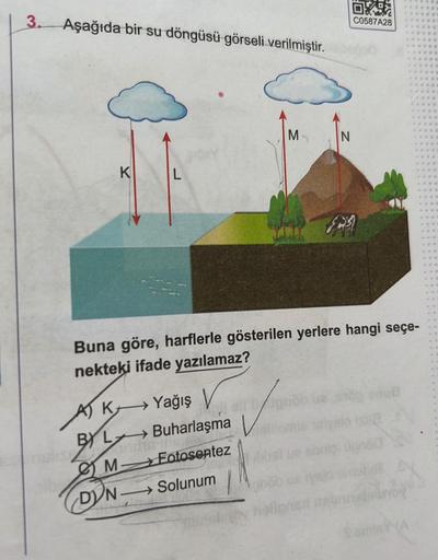 3. Aşağıda bir su döngüsü görseli verilmiştir.
K
L
DON
left b
A K Yağış
BYL
BY L→ Buharlaşma
MFotosentez
→→Solunum
M
Buna göre, harflerle gösterilen yerlere hangi seçe-
nekteki ifade yazılamaz?
N
079
C0587A28
129
sig