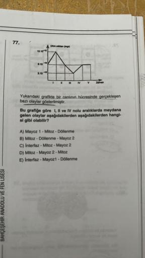 BAHÇEŞEHİR ANADOLU VE FEN LİSESİ
77.
ADNA midan (mgr)
12.10-12
10-12
3.10
Zaman
Yukarıdaki grafikte bir canlının hücresinde gerçekleşen
bazı olaylar gösterilmiştir.
Bu grafiğe göre I, II ve IV nolu aralıklarda meydana
gelen olaylar aşağıdakilerden aşağıdak