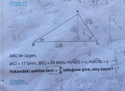 Örnek 11
Wern
n
27/093
B
Homse
x
16
A
PE
Y
t
Ci
C
15
26
ABC bir üçgen,
|AC| = 17 birim, |BC| = 28 birim, m(ABC) = x, m(ACB) = y
3
Yukarıdaki şekilde tanx =
Çözüm
17
8
15.09
olduğuna göre, siny kaçtır? 17
15-17
zeld
17