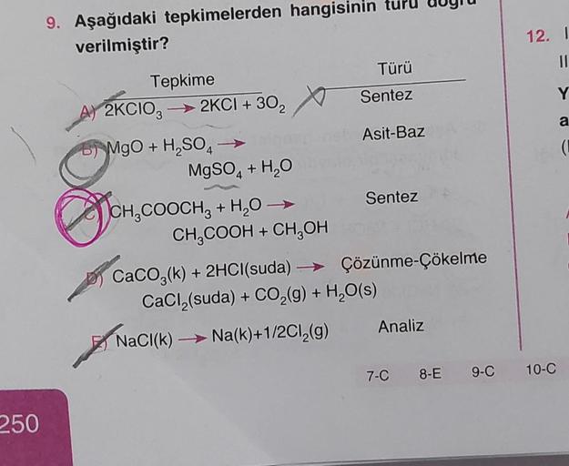 250
9. Aşağıdaki tepkimelerden hangisinin turu augia
verilmiştir?
Tepkime
A) 2KCIO3 2KCI + 30₂
BMgO + H₂SO4
MgSO4 + H₂O
CH₂COOCH3 + H₂O →
CH₂COOH + CH₂OH
Türü
Sentez
Asit-Baz
Sentez
CaCO3(k) + 2HCl(suda) →→→ Çözünme-Çökelme
CaCl (suda) + CO₂(g) + H₂O(s)
Na