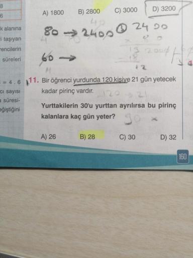 8
6
C) 3000
D) 3200
80 2400 24 00
1->
12
== 4.6 11. Bir öğrenci yurdunda 120 kisiye 21 gün yetecek
ci sayısı
kadar pirinç vardır.
a süresi-
eğiştiğini
k alanına
i taşıyan
rencilerin
süreleri
A) 1800
B) 2800
A) 26
13 2009
18
Yurttakilerin 30'u yurttan ayrıl