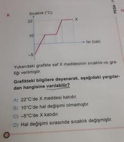 8.
O
Sıcaklık (°C)
22
10
-5
- Isi (cal)
PESA-P
Yukarıdaki grafikte saf X maddesinin sıcaklık-ısı gra-
fiği verilmiştir.
Grafikteki bilgilere dayanarak, aşağıdaki yargılar-
dan hangisine varılabilir?
A) 22°C'de X maddesi katıdır.
B) 10°C'de hal değişimi olmamıştır.
C) -5°C'de X katıdır.
D) Hal değişimi sırasında sıcaklık değişmiştir.
10