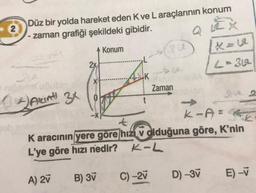 2
Düz bir yolda hareket eden K ve L araçlarının konum
-zaman grafiği şekildeki gibidir.
Konum
+ AKIAH! 3X
2x
A) 2V
K
B) 3V
t
362
C) -2V
Zaman
K-A=
K aracının yere göre hizi v olduğuna göre, K'nin
L'ye göre hızı nedir?
K-L
X = 12
L-312
D) -3V
2 2
E) -V