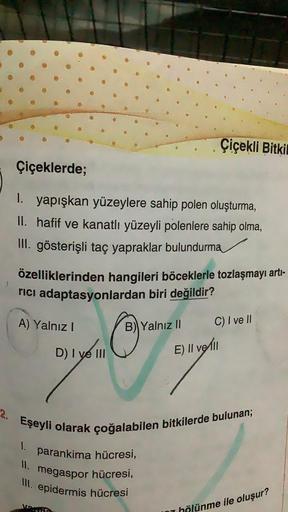 2.
Çiçeklerde;
1.
yapışkan yüzeylere sahip polen oluşturma,
II. hafif ve kanatlı yüzeyli polenlere sahip olma,
III. gösterişli taç yapraklar bulundurma
özelliklerinden hangileri böceklerle tozlaşmayı artı-
rıcı adaptasyonlardan biri değildir?
A) Yalnız I
D