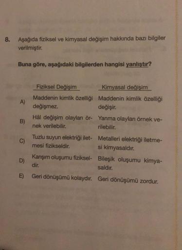 8.
Aşağıda fiziksel ve kimyasal değişim hakkında bazı bilgiler
verilmiştir.
Buna göre, aşağıdaki bilgilerden hangisi yanlıştır?
A)
B)
C)
Fiziksel Değişim
Maddenin kimlik özelliği
değişmez.
Kimyasal değişim
Maddenin kimlik özelliği
değişir.
Hâl değişim olay