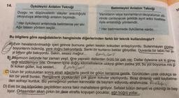 14.
Öyküleyici Anlatım Tekniği
Duygu ve düşüncelerin olaylar aracılığıyla
okuyucuya aktarıldığı anlatım biçimidir.
Her öyküleyici anlatımda betimleme yer alır.
Ağır basan yöntem seçilir.
Betimleyici Anlatım Tekniği
Varlıkların veya kavramların okuyucunun zih-
ninde canlanacak şekilde ayırt edici özellikle-
riyle anlatıldığı yöntemdir.
* Her betimlemede öyküleme vardır.
Bu bilgilere göre aşağıdakilerin hangisinde diğerlerinden farklı bir teknik kullanılmıştır?
A) Evin havalandırılmadığı içeri girince burnuna gelen keskin kokudan anlaşılıyordu. Sulanmayan çiçekler
boyunlarını bükmüş, yere doğru bakıyorlardı. Sanki bir kurtarıcı bekler gibiydiler. Duvarda bir tablo her şe-
yi biliyor gibi bakıyordu. Sakin, sessiz mağrur...
18
B) Başımızın üstünde her zaman yeşil, iğne yapraklı dallardan örülü bir çatı var. Dallar öylesine sık ki güneş
ışığı süzülemiyor bile. Ormanın içine doğru kilometrelerce uzayıp giden patika yol, bu yol boyunca mis gi-
bi kokan güller, kuş sesleri...
vom he
C) Uzun bir yolculuktan sonra etrafı ağaçlarla çevrili bir gölün kenarına geldik. Gürültüden uzak oldukça sa-
kin bir yerdi burası. Rengârenk çiçeklerden çok güzel kokular yayılıyordu. Biraz dinlenip vakit kaybetme-
den sofrayı kurduk. Biz yemeğimizi yerken karıncalar da bayram ediyordu etrafımızda. Pe
D) Eski bir taş köprüden geçildikten sonra fakir mahallelere giriliyor. Sefalet bütün dehşeti ve çirkinliği ile baş-
liyor. Ortasından akan çirkin bir dere etrafta koşuşan çocuklar, eğri büğrü yollar...