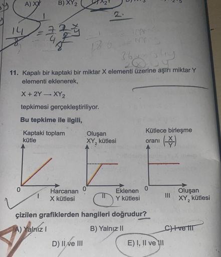 14
A) XX
B) XY2
724
Kaptaki toplam
kütle
186
368334
11. Kapalı bir kaptaki bir miktar X elementi üzerine aşırı miktar Y
elementi eklenerek,
X+ 2Y →XY2
tepkimesi gerçekleştiriliyor.
Bu tepkime ile ilgili,
Harcanan O
X kütlesi
2.
D) II ve III
Oluşan
XY₂ kütl