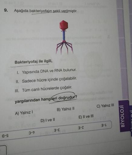 9.
0-9
Aşağıda bakteriyofajın şekli verilmiştir.
Bakteriyofaj ile ilgili,
I. Yapısında DNA ve RNA bulunur.
II. Sadece hücre içinde çoğalabilir.
III. Tüm canlı hücrelerde çoğalır.
yargılarından hangileri doğrudur?
A) Yalnız I
3-7
phold simos
D) I ve II
B) Y