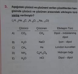 3. Aşağıdaki çözücü ve çözüneni verilen çözeltilerden han-
gisinde çözücü ve çözünen arasındaki etkileşim türü
yanlış verilmiştir?
(₁H,₂He, 6C, 7N, 8O, 11Na, 17CI)
A)
Çözücü
CO₂
5
B)
C)
D) NH3
H₂O
CHA
E) H₂O
Çözünen
CH4
NaCl
He
C6H₁2O6
12
HCI
Etkileşim Türü
Dipol - indüklenmiş
dipol
İyon - dipol
London kuvvetleri
Hidrojen bağı
Dipol-dipol