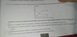 ÜNİTE 4
meye giren ve oluşan maddelerin molekul yapıları da ayn
4. K ve L maddelerinin kimyasal tepkimesi sonucu, M ve N maddelerinin oluşum grafiği aşağıdaki gibidir.
Kütle (g)
12
10
8
6
4
2
0
M
K
N
112
Zaman
Tepkime sorunsuz bir şekilde gerçekleştiğine göre tepkime ile ilgili aşağıdaki ifadelerden hangisi doğrudur?
A) K ve L maddeleri birbiri ile etkileşerek, özelliklerini kaybetmeden M ve N maddelerini oluşturmuştur.
B) Tepkimeye 12 gram K maddesi, 4 gram L maddesi girmiş ve tepkime sonucunda 10 gram M, 2 gram N maddesi olu
muştur.
Tepkimenin
bitmesinin sebebi L. maddesinin tamamen tükenmesidir.
D) K ve L'nin atom yapıları değişerek, yeni maddeler olan M ve N oluşmuştur.