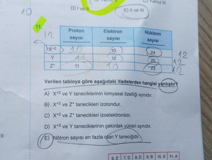 II
19
11.
12
Y
Z+
D) I ve II
Proton
sayısı
11
aliz 11
Elektron
sayısı
10
12
10
E) Il ve Ill
6. E 7. D
Yalnız III
8. D
Nükleon
sayısı
24
25
23
Verilen tabloya göre aşağıdaki ifadelerden hangisi yanlıştır?
A) X+2 ve Y taneciklerinin kimyasal özelliği aynıdır