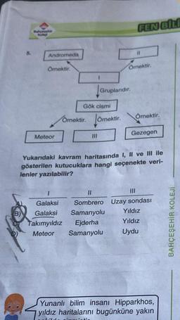 5.
B)
Bahcesehir
Kolej
Andromeda
Omektir.
Meteor
1
Gruplarıdır.
Gök cismi
Omektir. Örnektir.
FEN BILI
Ömektir.
1
Galaksi
Galaksi Samanyolu
Takımyıldız Ejderha
Meteor Samanyolu
Örnektir.
Yukarıdaki kavram haritasında I, II ve III ile
gösterilen kutucuklara hangi seçenekte veri-
lenler yazılabilir?
Gezegen
11
III
Sombrero Uzay sondası
Yıldız
Yıldız
Uydu
Yunanlı bilim insanı Hipparkhos,
yıldız haritalarını bugünküne yakın
dild
BAHÇEŞEHİR KOLEJİ