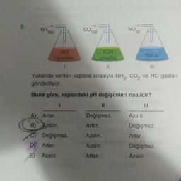 9.
NH3(g)
A) Artar.
B) Azalır.
HCI
çözeltisi
KOH
çözeltisi
1
||
Yukarıda verilen kaplara sırasıyla NH3, CO2 ve NO gazları
gönderiliyor.
Buna göre, kaplardaki pH değişimleri nasıldır?
I
Değişmez.
CO2(g)
D) Artar.
E) Azalır.
NO (g)
II
Değişmez.
Artar.
Azalır.
Azalır.
Artar.
Saf su
III
Azalır.
Değişmez.
Artar.
Değişmez.
Azalır.