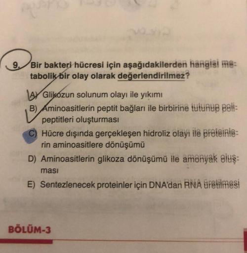 9.
Bir bakteri hücresi için aşağıdakilerden hangisi me:
tabolik bir olay olarak değerlendirilmez?
A Glikozun solunum olayı ile yıkımı
B) Aminoasitlerin peptit bağları ile birbirine tutunup Beli-
peptitleri oluşturması
C) Hücre dışında gerçekleşen hidroliz