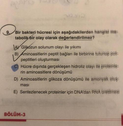 9.
Bir bakteri hücresi için aşağıdakilerden hangisi me:
tabolik bir olay olarak değerlendirilmez?
A Glikozun solunum olayı ile yıkımı
B) Aminoasitlerin peptit bağları ile birbirine tutunup Beli-
peptitleri oluşturması
C) Hücre dışında gerçekleşen hidroliz 