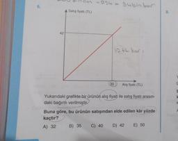 6.
42
binder - 234 = 3ubin ker
Satış fiyatı (TL)
30
(12+L kor=
Alış fiyatı (TL)
Yukarıdaki grafikte bir ürünün alış fiyatı ile satış fiyatı arasın-
daki bağıntı verilmiştir.
Buna göre, bu ürünün satışından elde edilen kâr yüzde
kaçtır?
A) 32 B) 35 C) 40 D) 42 E) 50
8.
C
E
k
r
F