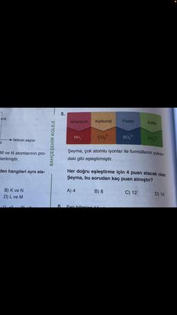 2
N
Nötron sayısı
M ve N atomlarının pro-
terilmiştir.
den hangileri aynı ele-
B) K ve N
D) L ve M
11 +2
20
2
BAHÇEŞEHİR KOLEJİ
5.
6
Amonyum Karbonat
NH₁*
CO²-
A) 4
Fosfat
2-
SO²
Fen bilimleri "X
Şeyma, çok atomlu iyonlar ile formüllerini yukarı-
daki gibi eşleştirmiştir.
Sülfat
Her doğru eşleştirme için 4 puan alacak olan
Şeyma, bu sorudan kaç puan almıştır?
B) 8
PO, ³-
C) 12
D) 16