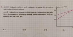 4. Şekildeki doğrusal grafikler A ve B mağazalarında satılan ürünlerin güne
bağlı değişimini göstermektedir.
A ve B mağazalarının sattıkları ürünlerin sayıları eşitlendikten kaç gün
sonra A mağazasının sattığı ürün sayısı B mağazasının sattığı ürün sa-
yısından 500 adet fazla olur?
A) 24
B) 20
C) 12
Satılan ürün (Adet)
350
250
150
D) 8