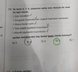 in-
10. Iki farklı E. T. S. sistemine sahip olan ökaryot bir canlı
ile ilgili olarak;
Çok hücrelidir.✔
inorganik moleküllerden organik besinlerini sentezler.
• Hücre duvarı içerir.✔
x
• Tüm plastit çeşitlerini bulundurur.
• Klorofil pigmentini bulundurur.
verilen özelliklerden kaç tanesi kesin olarak bulunur?
A) 5
B) 4
C) 3
D) 2
E) 1
da verilen;