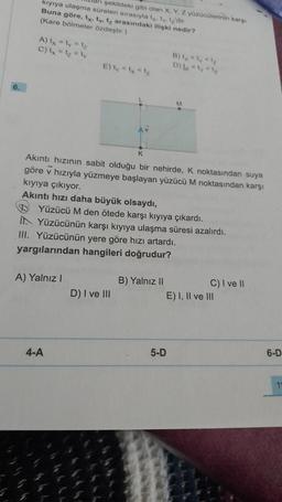 kıyıya ulaşma süreleri sırasıyla ty. ty t'dir.
şekildeki gibi olan X, Y, Z yüzücülerinin karşı
Buna göre, tx. ty, tz arasındaki ilişki nedir?
(Kare bölmeler özdeştir.)
A) tx = ty = tz
C) lx = 1₂ < ly
A) Yalnız I
4-A
E) ly < x < 1₂
Akıntı hızının sabit olduğu bir nehirde, K noktasından suya
göre v hızıyla yüzmeye başlayan yüzücü M noktasından karşı
kıyıya çıkıyor.
Akıntı hızı daha büyük olsaydı,
D Yüzücü M den ötede karşı kıyıya çıkardı.
IN Yüzücünün karşı kıyıya ulaşma süresi azalırdı.
III. Yüzücünün yere göre hızı artardı.
yargılarından hangileri doğrudur?
D) I ve III
B) Yalnız II
D) x = ly<1₂
5-D
C) I ve II
E) I, II ve III
6-D