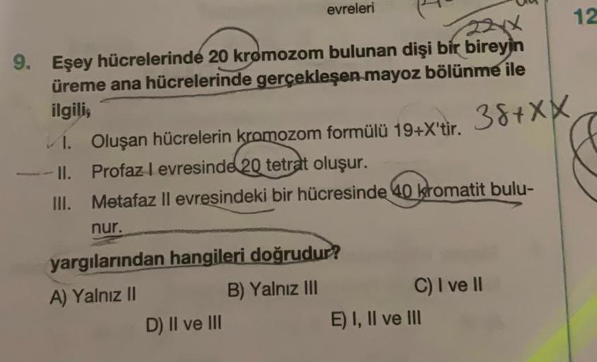 evreleri
9. Eşey hücrelerinde 20 kromozom bulunan dişi bir bireyin
üreme ana hücrelerinde gerçekleşen mayoz bölünme ile
ilgili,
38+XX
1.
Oluşan hücrelerin kromozom formülü 19+X'tir.
II. Profaz I evresinde 20 tetrat oluşur.
III.
Metafaz II evresindeki bir h