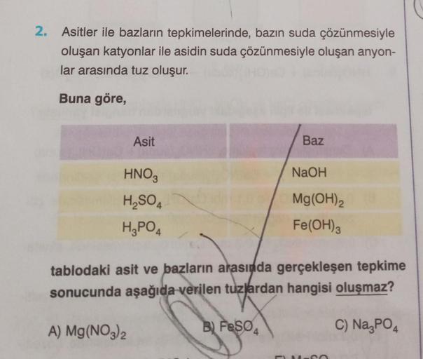 2. Asitler ile bazların tepkimelerinde, bazın suda çözünmesiyle
oluşan katyonlar ile asidin suda çözünmesiyle oluşan anyon-
lar arasında tuz oluşur.
Buna göre,
Asit
HNO3
H₂SO4
H₂PO4
B) FeSO
Baz
tablodaki asit ve bazların arasında gerçekleşen tepkime
sonucu