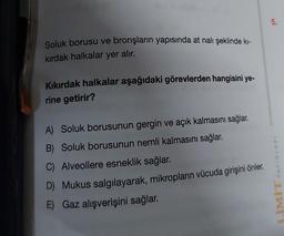 Soluk borusu ve bronşların yapısında at nalı şeklinde kı-
kırdak halkalar yer alır.
Kıkırdak halkalar aşağıdaki görevlerden hangisini ye-
rine getirir?
A) Soluk borusunun gergin ve açık kalmasını sağlar.
B) Soluk borusunun nemli kalmasını sağlar.
C) Alveollere esneklik sağlar.
D) Mukus salgılayarak, mikropların vücuda girişini önler.
E) Gaz alışverişini sağlar.
5.
YAYINLARI
LIWI