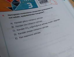 MEN
Rot
LP14BIOSB20-078
3
Hemoglobin molekülünün oksijenden ayrılmasının te-
mel sebebi, aşağıdakilerden hangisidir?
A) Kandaki glikoz miktarının artması
B) Kandaki üre miktarının artması
C) Kandaki CO₂ yoğunluğunun artması ve pH'ı düşmesi
D) Kandaki oksijen miktarının artması
E) Kan basıncının artması