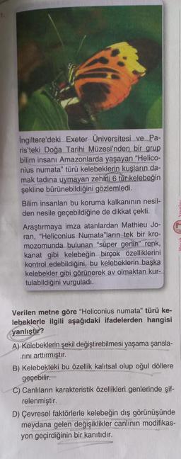 İngiltere'deki Exeter Üniversitesi ve Pa-
ris'teki Doğa Tarihi Müzesi'nden bir grup
bilim insanı Amazonlarda yaşayan "Helico-
nius numata" türü kelebeklerin kuşların da-
mak tadına uymayan zehirli 6 tür kelebeğin
şekline bürünebildiğini gözlemledi.
Bilim insanları bu koruma kalkanının nesil-
den nesile geçebildiğine de dikkat çekti.
Araştırmaya imza atanlardan Mathieu Jo-
ran, "Heliconius Numata"ların tek bir kro-
mozomunda bulunan "süper genin" renk,
kanat gibi kelebeğin birçok özelliklerini
kontrol edebildiğini, bu kelebeklerin başka
kelebekler gibi görünerek av olmaktan kur-
tulabildiğini vurguladı.
Verilen metne göre "Heliconius numata" türü ke-
lebeklerle ilgili aşağıdaki ifadelerden hangisi
yanlıştır?
A) Kelebeklerin şekil değiştirebilmesi yaşama şansla-
rini arttırmıştır.
B) Kelebekteki bu özellik kalıtsal olup oğul döllere
geçebilir.
C) Canlıların karakteristik özellikleri genlerinde şif-
relenmiştir.
D) Çevresel faktörlerle kelebeğin dış görünüşünde
meydana gelen değişiklikler canlının modifikas-
yon geçirdiğinin bir kanıtıdır.