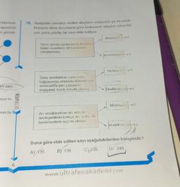 DNA ken-
wapısında
ki görsel-
JA'daki
ncirn-
minda
6
ULTRAFEN
16. Aşağıdaki şemada verilen olayların mutasyon ya da modi-
fikasyon olma durumuna göre ilerlenerek ulaşılan rakamlar
yan yana yazılıp bir sayı elde ediliyor.
Yazın güneş ışınlarına fazia maruz
kalan insanların cilt kanserine
vakalanmas!
Sirke sineklerinin uzun sure
Tadyasvoniu ortamda bekletilmes
sonucunda gen yapısının
değişerek kıvnk kanatlı olması
Ari larvalarından arı sülü le
beslenenlerin kraliçe anı, polen ile
beslenenlerin işçi an olmas:
Mulasyon->>1
Modifikasyon 2
A
Mulasyon
Modifikasyon>4
Mutasyon →→5
Modifikasyon 6
Buna göre elde edilen sayı aşağıdakilerden hangisidir?
A) 135
B) 136
C) 236
D) 246
www.ultrafenakademi.com