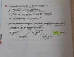 TAM PUAN
19. Hayvanlar aleminde yer alan canlıların;
Akciğer solunumu yapmaları,
II. Solunum pigmentinin alyuvarda yer alması,
III. Süt bezlerinin bulunması
özelliklerinden hangileri canlının ait olduğu sınıfın belir-
lenmesinde kanıt olarak kullanılır?
A) Yalnız 1
B) Yalnız II
D11711
D) I ve II
E) ve III
C) Yalnız III