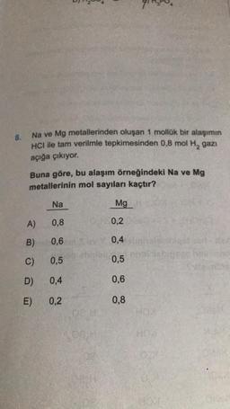 8.
Na ve Mg metallerinden oluşan 1 mollük bir alaşımın
HCI ile tam verilmle tepkimesinden 0,8 mol H₂ gazi
açığa çıkıyor.
Buna göre, bu alaşım örneğindeki Na ve Mg
metallerinin mol sayıları kaçtır?
A)
B)
C)
D)
E)
Na
0,8
0,6
0,5
0,4
0,2
Mg
0,2
0,4
0,5
0,6
0,8