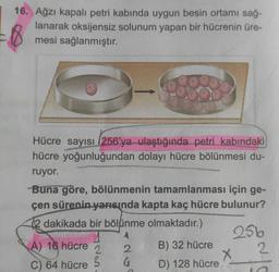 16. Ağzı kapalı petri kabında uygun besin ortamı sağ-
lanarak oksijensiz solunum yapan bir hücrenin üre-
mesi sağlanmıştır.
-18
-
Hücre sayısı (256'ya ulaştığında petri kabındaki
hücre yoğunluğundan dolayı hücre bölünmesi du-
ruyor.
A) 16 hücre 2
C) 64 hücre
3
00
-Buna göre, bölünmenin tamamlanması için ge-
çen sürenin yarısında kapta kaç hücre bulunur?
dakikada bir bölünme olmaktadır.)
A
2
G
B) 32 hücre
D) 128 hücre
X
256
2
