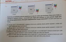 SAYISAL
11.
Gaz
1. Durum
KT
Gaz
XT
K
LT
Gaz
3. Durum
XT LT
K
2. Durum
Sızdırmaz ve hareketsiz pistonla kapatılmış bir kaba bir miktar gaz konuluyor. Daha sonra özdeş va-
nalardan K vanasının önüne 1. durumdaki gibi rüzgâr gülü tutuluyor ve vana açılarak rüzgâr gülü-
nün dönüşü gözlemleniyor. Buna göre aşağıdakilerden hangisi söylenebilir? (Sıcaklık sabit kabul edi-
lecek.)
A) Rüzgâr gülü 2. durumdaki gibi L vanasının önüne aynı uzaklıkta olacak şekilde tutularak L vanası açıl-
saydı rüzgâr gülü daha hızlı dönerdi.
B) Rüzgâr gülü 2. durumdaki gibi L vanasının önüne aynı uzaklıkta olacak şekilde tutularak L vanası açıl-
saydı rüzgâr gülü daha yavaş dönerdi.
C) Kaba bir miktar daha gaz eklendikten sonra rüzgâr gülü 3. durumdaki gibi K vanasının önüne aynı uzak-
lıkta olacak şekilde tutularak K vanası açılsaydı rüzgâr gülü daha hızlı dönerdi.
Kaba bir miktar daha gaz eklendikten sonra rüzgâr gülü 3. durumdaki gibi K vanasının önüne aynı uzak-
lıkta olacak şekilde tutularak K vanası açılsaydı rüzgâr gülü daha yavaş dönerdi.