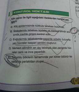 2.
KONTROL NOKTASI
Kök yapısı
liştir?
ile ilgili aşağıdaki ifadelerden hangisi yan-
A) Kök epidermisinde kütikula tabakası bulunmaz.
B) Endodermis tabakası korteks ve merkezi silindir ara-
sında madde girişini kontrol eder.
C) Endodermis tabakasında çeperde süberin bulunma-
yan hücreler kaspari şeridini oluşturur.
D) Merkezi silindirin en dış tabakası olan perisklda hüc-
reler canlı ve ince çeperlidir.
E Tohumlu bitkilerin tamamında yan kökler bölünür ka-
rakterde periskldan oluşur
an
hang
ao
EE
A) E
C) E
187