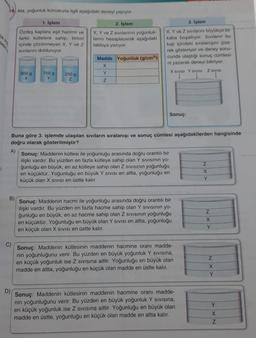 V
18. Ata, yoğunluk konusuyla ilgili aşağıdaki deneyi yapıyor.
1. İşlem
2. İşlem
Özdeş kaplara eşit hacimli ve
farklı kütlelere sahip, birbiri
içinde çözünmeyen X, Y ve Z
sıvılarını dolduruyor.
X, Y ve Z sivilarının yoğunluk-
larını hesaplayarak aşağıdaki
tabloya yazıyor.
B)
D)
500 g
X
750 g
250 g
Z
Madde Yoğunluk (g/cm³)
X
Y
Z
3. İşlem
X, Y ve Z sivilarını büyükçe bir
kaba boşaltıyor. Sıvıların bu
kap içindeki sıralanışını çize-
rek gösteriyor ve deney sonu-
cunda ulaştığı sonuç cümlesi-
ni yazarak deneyi bitiriyor.
Z SIVISI
X SIVISI Y SIVISI
Buna göre 3. işlemde ulaşılan sıvıların sıralanışı ve sonuç cümlesi aşağıdakilerden hangisinde
doğru olarak gösterilmiştir?
A)
Sonuç:
Sonuç: Maddenin kütlesi ile yoğunluğu arasında doğru orantılı bir
ilişki vardır. Bu yüzden en fazla kütleye sahip olan Y SIVISının yo-
ğunluğu en büyük, en az kütleye sahip olan Z sıvısının yoğunluğu
en küçüktür. Yoğunluğu en büyük Y Sıvısı en altta, yoğunluğu en
küçük olan X SIVISI en üstte kalır.
Sonuç: Maddenin hacmi ile yoğunluğu arasında doğru orantılı bir
ilişki vardır. Bu yüzden en fazla hacme sahip olan Y sıvısının yo-
ğunluğu en büyük, en az hacme sahip olan Z SIVISının yoğunluğu
en küçüktür. Yoğunluğu en büyük olan Y Sivisi en altta, yoğunluğu
en küçük olan X SIVISI en üstte kalır.
Sonuç: Maddenin kütlesinin maddenin hacmine oranı madde-
nin yoğunluğunu verir. Bu yüzden en büyük yoğunluk Y sıvısına,
en küçük yoğunluk ise Z sıvısına aittir. Yoğunluğu en büyük olan
madde en altta, yoğunluğu en küçük olan madde en üstte kalır.
Sonuç: Maddenin kütlesinin maddenin hacmine oranı madde-
nin yoğunluğunu verir. Bu yüzden en büyük yoğunluk Y sivisina,
en küçük yoğunluk ise Z sivisina aittir. Yoğunluğu en büyük olan
madde en üstte, yoğunluğu en küçük olan madde en altta kalır.
Z
X
Y
Z
X
Y
Z
X
Y
Y
X
Z