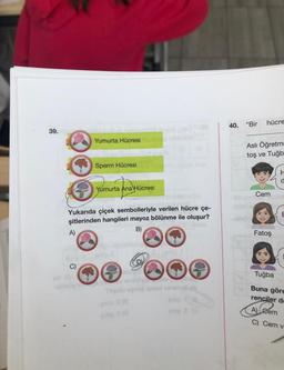 39.
Yumurta Hücresi
Sperm Hücresi
öy H
Yumurta Ana Hücresi
Yukarıda çiçek sembolleriyle verilen hücre çe-
şitlerinden hangileri mayoz bölünme ile oluşur?
A)
B)
quia eolio &
C)
mlo
olm
$(18
(D)
enlip 8 (0
40. "Bir hücre
Aslı Öğretm
toş ve Tuğb
-lid uvolemsbr
os
H
Fatoş
E
Tuğba
Buna göre
renciler de
A) Cem
C) Cem v