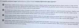 15. Aşağıdaki metinlerden hangisi "Elektrik Motorunun Çalışma Prensibi" başlığına diğerlerinden daha uygundur?
Elektrik motoru, elektrik enerjisini mekanik enerjiye dönüştüren bir cihazdır. Elektrik motorları temelde alternatif akımla çalışan motorlar ve doğru akımla
çalışan motorlar olarak ikiye ayrılır. Alternatif akımla çalışan elektrik motorlar genellikle yüksek güç gerektiren işlerde kullanılır. Bu motorların fazla bakım
maliyeti olamaması da onları ekonomik anlamda cazip duruma getirmektedir.
B Bir mıknatısın aynı kutupları birbirini iterken zit kutupları da birbirini çeker. Bu basit durum, elektrik motorlarının çalıştırılmasında da kullanılır. Elektrik moto
farklı kutuplardaki elektromıknatısların birleştirilmesiyle oluşturulan dairesel bir mıknatısın ortasına iletken bir cisim koyularak elde edilir. İletken cisimle
etkileşime geçen mıknatıs, çekme ve itme kuvvetlerinin etkisiyle yüksek hızda dairesel hareket gerçekleştirir.
C Elektrik enerjisini mekanik enerjiye dönüştürmek için tasarlanan elektrik motorları biri sabit diğeri de kendi çevresinde dönen iki ana parçadan oluşur. Bu
motorlar günümüzde yaygın olarak aspiratörlerde ve buzdolabı kompresörlerinde kullanılmaktadır. Elektrikli motorlar diğer motorlar kadar titreşim
yapmamaktadır. Bu da bu motorlar için olumlu yönlerden biridir.
D Elektrik motoru, elektrik enerjisini mekanik enerjiye dönüştüren motor çeşidi olarak tanımlanabilir. Günümüzde yoğun olarak kullanılan bu motorların çalışmı
prensibi, ilk olarak 1821 yılında ünlü bilim insanı Michael Faraday tarafından icat edilmiştir. İlk elektrikli motorsa 1886 yılında Frank J. Sprague tarafından
Faraday'ın ilkeleri göz önüne alınarak üretilmiştir.