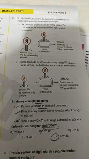 N BİLİMLERİ TESTİ
nin
e
ndir-
-r-
35. Bir bilim insanı, bakteri ve bu bakteri içinde çoğalabilen
virüsler (bakteriyofaj) ile deneyler yapmıştır.
●
●
İlk deneyde protein kılıfında izotop kükürt 35S
bulunduran virüsler ile bakteriler aynı ortama
konmuştur.
8