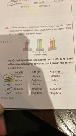 KYISM
A) Dil ve ill
A
D) I ve II
22. Uzama katsayıları arasındaki ilişki a > > am olan metal
çubuklardan aşağıdaki çiftler oluşturulmuş ve çiftlerin birer
ucu bir kıskaçla sabitleştirilmiştir.
E
9. Sınıf Fizik
B) II ve III
K
E) Yalnız I
M
Yalıtkan kıskaç
Aşağıdaki işlemlerin hangisinde K-L, L-M, K-M metal
çiftlerinde çubukların boylarını kendi aralarında birbiri-
ne eşit olur?
K-L çifti
Soğutma
Isıtma
Isıtma
Soğutma
Isıtma
C) Iv
L-M çifti
Isıtma
Soğutma
Isıtma
Soğutma
Soğutma
K-M çifti
Soğutma
Isıtma
Isıtma
Soğutma
Soğutma