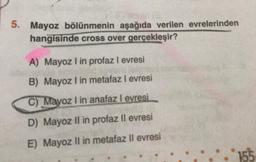 5. Mayoz bölünmenin aşağıda verilen evrelerinden
hangisinde cross over gerçekleşir?
A) Mayoz I in profaz I evresi
B) Mayoz I in metafaz I evresi
C) Mayoz I in anafaz I evresi
D) Mayoz II in profaz Il evresi
E) Mayoz II in metafaz II evresi
155