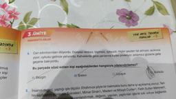 CADINDA
: -3
e
Imuş
z kişi
çiler
3.ÜNİTE
PARAGRAFTA ANLAM
4. Can sıkıntısından ölüyordu. Dünyası renksiz, biçimsiz, ışıksızdı. Hiçbir şeyden tat almıyor, acıkınca
yiyor, uykusu gelince yatıyordu. Kahvelerde gece yarılarına kadar pinekliyor, anlamsız gözlerle gelip
geçene bakıyordu.
Bu parçada sözü edilen kişi aşağıdakilerden hangisiyle nitelendirilemez?
A) Bezgin
B) Bikkın
YENİ NESİL TADINDA
SORULAR -3
C) Uyuşuk
Korkulu
5. İnsanın değeri, yaptığı işle ölçülür. Etrafımıza şöyle bir bakmakla bunu daha iyi açıklamış oluruz. Tari-
hin sayfalarını süsleyen Sokrates'i, Mimar Sinan'ı, Madam ve Mösyö Curiler'i, Fatih Sultan Mehmet'i,
canlandırmak, değerin, yapılan, yaptırılan işlerle sıkı sıkıya bağlantılı