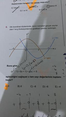 6.
ifadelerinden hangileri her zaman doğrudur?
A) Yalne
Buna göre,
A) 6
D) I ve III
Dik koordinat düzleminde, tanım kümeleri gerçek sayılar
olan f ve g fonksiyonlarının grafikleri şekilde verilmiştir.
O
(x-1). (x + 1).
+
BLYalnız II
(x²-1) f(x + 1) g(x) > 0
(x-17.(x-8)
(x-4). (x+4)
B) 8
Kich
E) Ilve III
C) -8
4
1
eşitsizliğini sağlayan x tam sayı değerlerinin toplamı
kaçtır?
C)Yalnız III
1
oe
y = g(x)
D) -6
y = f(x)
4
➜X
-4
+ co
E) -4
8
O
+
C
rr
1
P
E