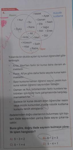 Baraj Sorusu
4.
Resim
•
• Nur
B
• Öykü
• Arda
. Su
• Rana
• Ali
• Hüseyin
• Hilal
• Melek
Robotik
Ayşe kodlama
• Osman
• Efe
Mert
• Nazlı
• Yağız
. Aslı Enes
• Gül
Yukarıda bir okulda açılan üç kursun öğrencileri gös-
terilmiştir.
A) 5-3=2
C) 5-1=4
• Salih
Rabia/ Spor
Arda, Mert'ten farklı bir kursa daha devam et-
mektedir.
Rana, Ali'ye göre daha fazla sayıda kursa katıl-
maktadır
Spor kursuna katılan öğrenci sayısı, resim kur-
suna katılan öğrenci sayısından fazladır.
Osman ve Nur birbirlerinden farklı kurslara ka-
tıldıkları için biçbir kurs çalışmasında karşılaş-
mamaktadırlar.
Sadece bir kursa devam eden öğrenciler resim
veya müzik kursundan ziyade robotik kodlama
kursunu tercih etmişlerdir.
ifadelerinden doğru olanlarının bulunması için top-
lam ifade sayısından yanlış ifade sayısı çıkarıla-
caktır.
Buna göre, doğru ifade sayısını bulmaya yöne-
lik işlem hangisidir?
B) 5-2=3
D) 5-4 = 1