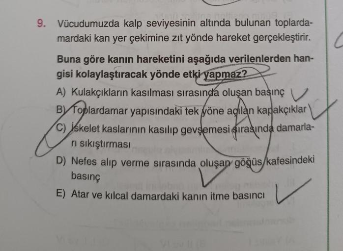 on noteen muins (
9. Vücudumuzda kalp seviyesinin altında bulunan toplarda-
mardaki kan yer çekimine zıt yönde hareket gerçekleştirir.
Buna göre kanın hareketini aşağıda verilenlerden han-
gisi kolaylaştıracak yönde etki yapmaz?
A) Kulakçıkların kasılması