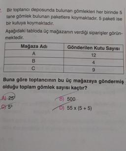 Bir toptancı deposunda bulunan gömlekleri her birinde 5
tane gömlek bulunan paketlere koymaktadır. 5 paketi ise
bir kutuya koymaktadır.
Aşağıdaki tabloda üç mağazanın verdiği siparişler görün-
mektedir.
Mağaza Adı
A
B
C
A) 252
53
Gönderilen Kutu Sayısı
12
4
Buna göre toptancının bu üç mağazaya göndermiş
olduğu toplam gömlek sayısı kaçtır?
9
B) 500
D) 55 x (5+5)