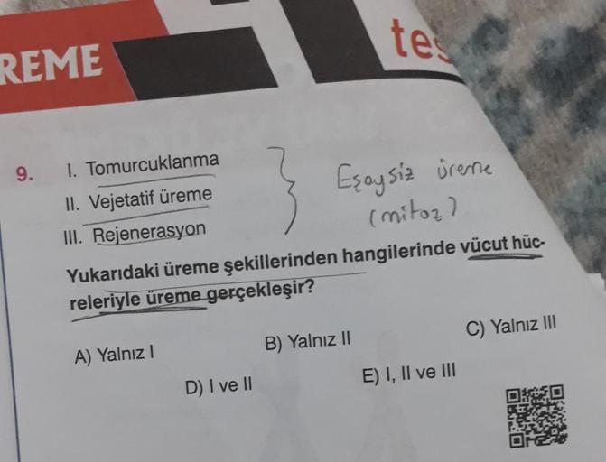 REME
9.
1. Tomurcuklanma
II. Vejetatif üreme
III. Rejenerasyon
Eşaysiz üreme
(mitoz)
Yukarıdaki üreme şekillerinden hangilerinde vücut hüc-
releriyle üreme gerçekleşir?
A) Yalnız I
D) I ve II
tes
B) Yalnız II
E) I, II ve III
C) Yalnız III