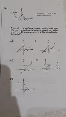 16.
y = f(x)
A)
Buna göre, y = f(x) fonksiyonunun grafiği 2 birim sağa
ötelenip, y eksenine göre simetriği alınarak elde edilen
y = f(-x-2) fonksiyonunun grafiği aşağıdakilerden
hangisidir?
Ô
O 2
E)
Y
2
-2 0 2
2
O 2
12
O
Şekildeki grafik y = f(x)
fonksiyonuna aittir.
2
B)
D)
-2
O
2
4/₂
10 2