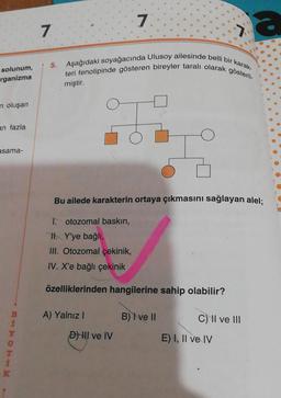 solunum,
rganizma
n oluşan
an fazla
asama-
BIMOTIE
Y
0
K
7
5. Aşağıdaki soyağacında Ulusoy ailesinde belli bir karak-
teri fenotipinde gösteren bireyler taralı olarak gösteril-
miştir.
7
Bu ailede karakterin ortaya çıkmasını sağlayan alel;
Totozomal baskın,
H. Y'ye bağlı,
III. Otozomal çekinik,
IV. X'e bağlı çekinik
özelliklerinden hangilerine sahip olabilir?
A) Yalnız I
DI ve IV
B) I ve II
C) II ve III
E) I, II ve IV